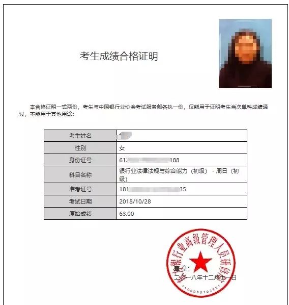 2019年上半年银行从业资格考试成绩合格证明样图参考